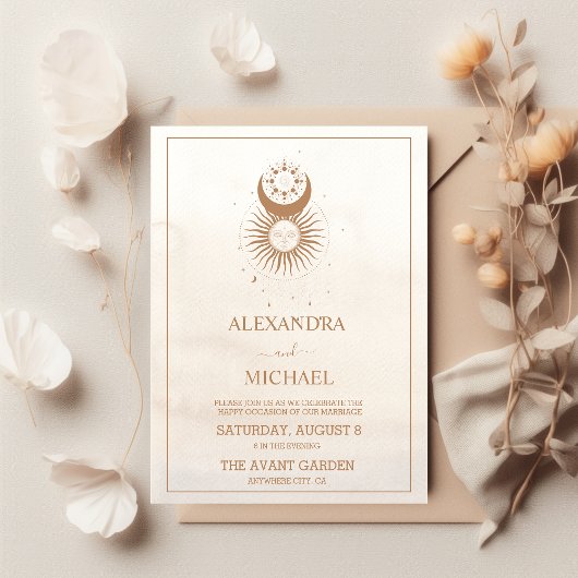 Mystical Gold Celestial Stars Wedding Invitation Kaart