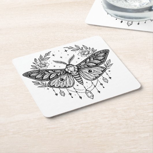 Mystical Gothic Moth Botanical Celestial Line Art  Kartonnen Onderzetters (Schuin)