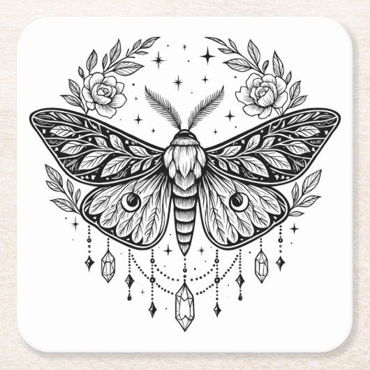 Mystical Gothic Moth Botanical Celestial Line Art  Kartonnen Onderzetters (Voorkant)