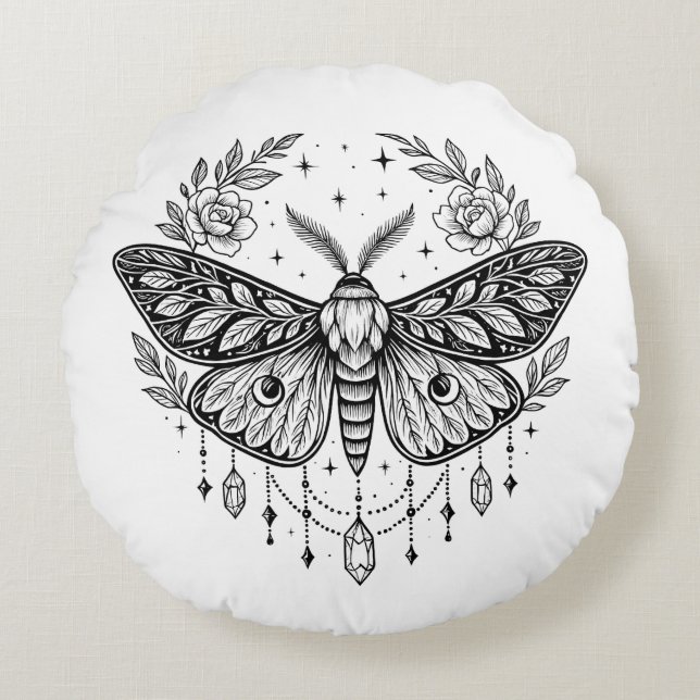 Mystical Gothic Moth Botanical Celestial Line Art  Rond Kussen (Voorkant)