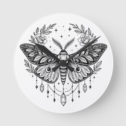 Mystical Gothic Moth Botanical Celestial Line Art Ronde Klok (Voorkant)