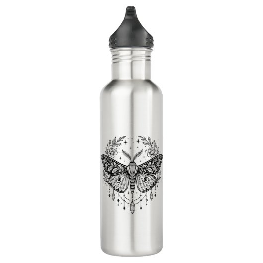 Mystical Gothic Moth Botanical Celestial Line Art  Waterfles (Rechts)