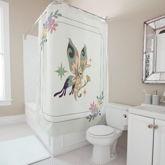 Mystical Graphic Artwork, Green Fae Butterfly Douchegordijn (In situ)