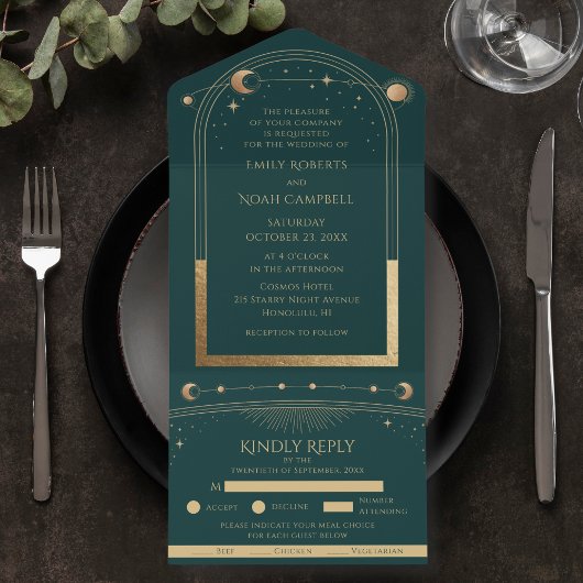 Mystical Green Gold Sun maan astronomische ruimte All In One Uitnodiging