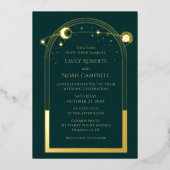 Mystical Green Gold Sun maan astronomische ruimte Folie Uitnodiging (Voorkant)