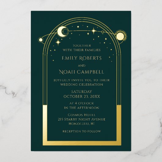 Mystical Green Gold Sun maan astronomische ruimte Folie Uitnodiging (Voorkant)