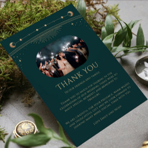 Mystical Green Gold Sun Moon Stars Photo Wedding Bedankkaart