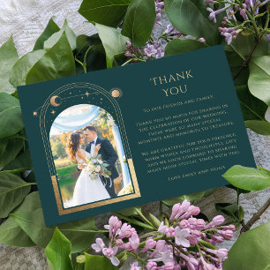 Mystical Green Gold Sun Moon Stars Photo Wedding Bedankkaart