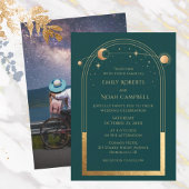 Mystical Green Gold Sun Moon Stars Photo Wedding Kaart