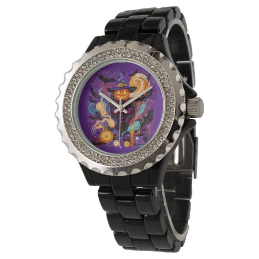 Mystical Halloween Witch and Pumpkin Horloge (Gekanteld)