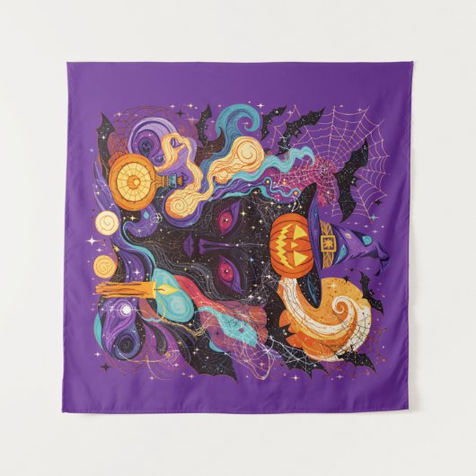 Mystical Halloween Witch and Pumpkin Wandkleed (Voorkant (horizontaal))