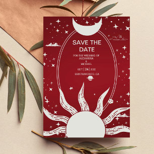 Mystical Marsala en Silver Sun Moon Wedding Save The Date