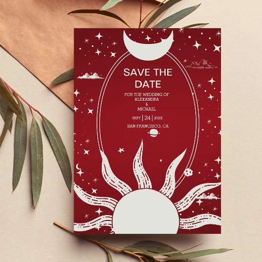 Mystical Marsala en Silver Sun Moon Wedding Save The Date