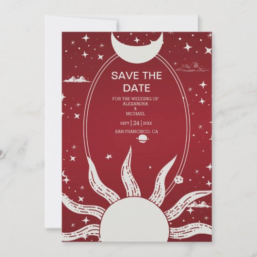 Mystical Marsala en Silver Sun Moon Wedding Save The Date (Voorkant)