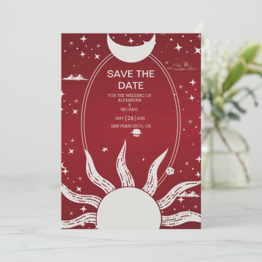 Mystical Marsala en Silver Sun Moon Wedding Save The Date (Staand voorkant)