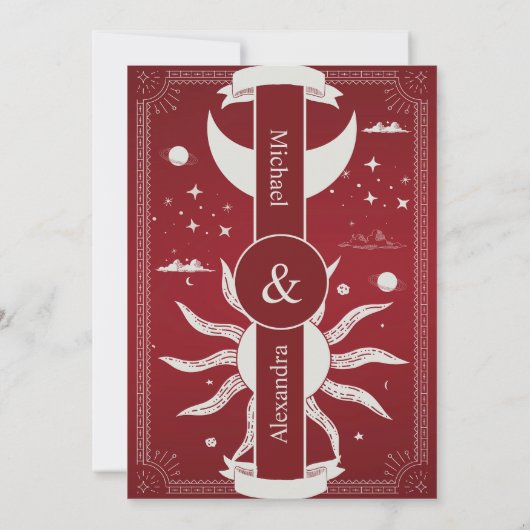 Mystical Marsala en Silver Sun Moon Wedding Save The Date (Achterkant)