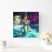 Mystical Mermaid Ocean Waves Moon Beach Fantasy Vierkante Klok (Huis)