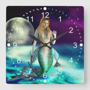 Mystical Mermaid Ocean Waves Moon Beach Fantasy Vierkante Klok