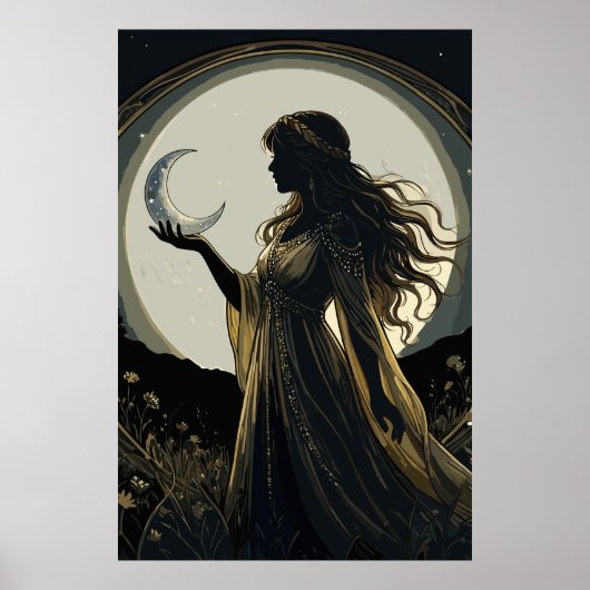 Mystical Moon Goddess, Celestial Woman Silhouette  Poster (Voorkant)