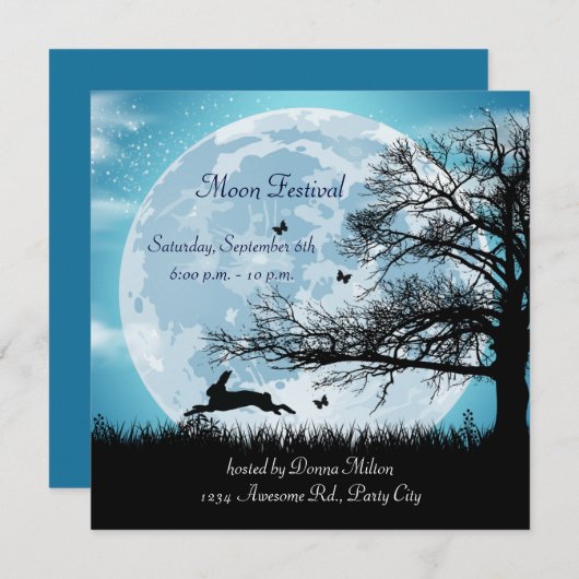 Mystical Moon met Rabbit Silhouette Invitation Kaart (Voorkant / Achterkant)