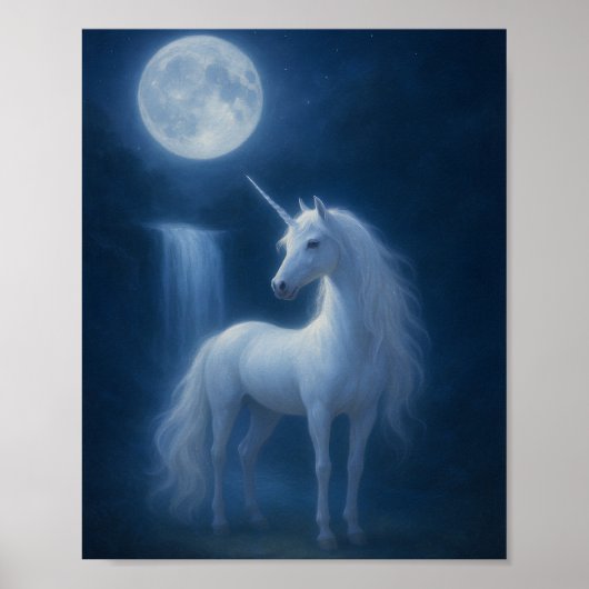 Mystical Moonlight Unicorn & Waterfall Fantasy Art Poster (Voorkant)