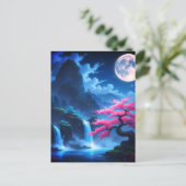 Mystical Moonlit Waterfall with Cherry -nature Briefkaart (Staand voorkant)