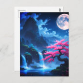 Mystical Moonlit Waterfall with Cherry -nature Briefkaart (Voorkant / Achterkant)