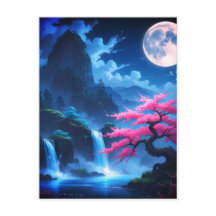 Mystical Moonlit Waterfall with Cherry -nature