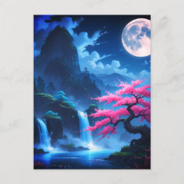 Mystical Moonlit Waterfall with Cherry -nature Briefkaart