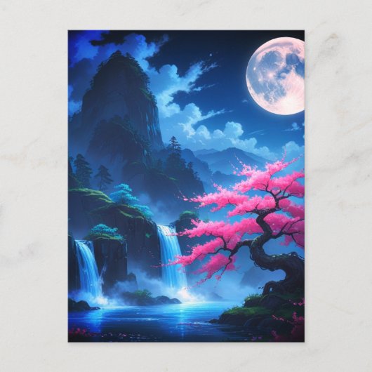 Mystical Moonlit Waterfall with Cherry -nature Briefkaart (Voorkant)