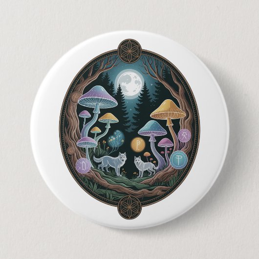 Mystical Moonlit Wolves in Enchanted Mushroom Fore Ronde Button 7,6 Cm (Voorkant)