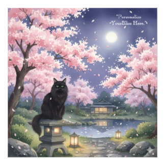 Mystical Night Sakura: Black Cat in Moonlit Japan Foto Afdruk