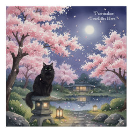 Mystical Night Sakura: Black Cat in Moonlit Japan Perfect Poster