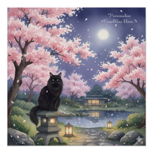 Mystical Night Sakura: Black Cat in Moonlit Japan Perfect Poster (Voorkant)