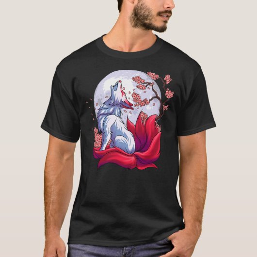 Mystical Nine-Tailed Fox Under Moon Cherry Blossom T-shirt (Voorkant)