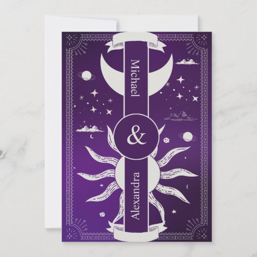 Mystical Paars en Silver Sun Moon Wedding Kaart (Achterkant)