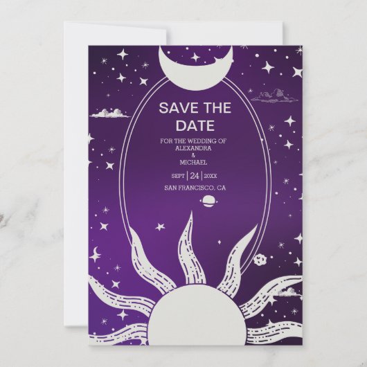 Mystical Paars en Silver Sun Moon Wedding Save The Date (Voorkant)