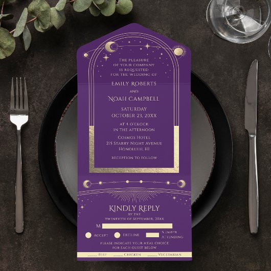 Mystical Paars Gold Sun Star-astronomische ruimte All In One Uitnodiging