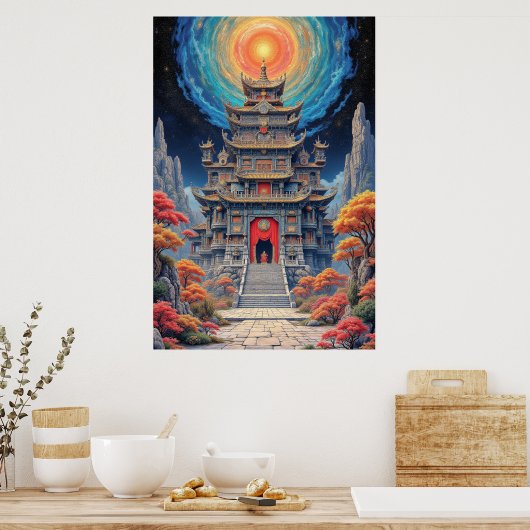 Mystical Pagoda Temple Under Celestial Sky Poster (Keuken)