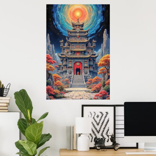 Mystical Pagoda Temple Under Celestial Sky Poster (Thuiskantoor)
