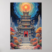 Mystical Pagoda Temple Under Celestial Sky Poster (Voorkant)