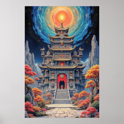Mystical Pagoda Temple Under Celestial Sky Poster (Voorkant)