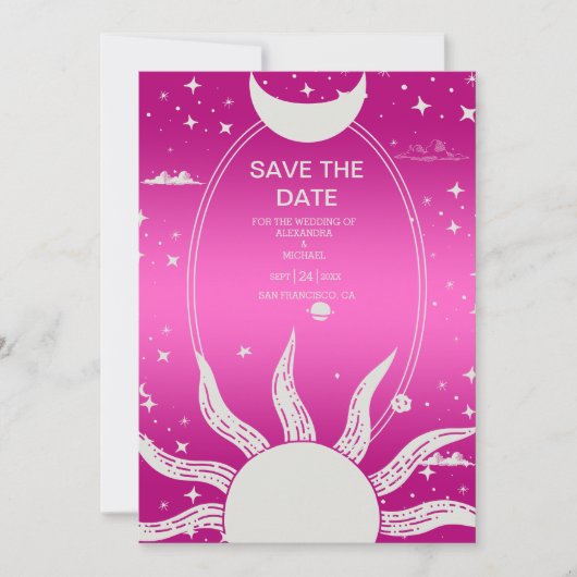 Mystical Pink and Silver Sun Moon Wedding Save The Date (Voorkant)