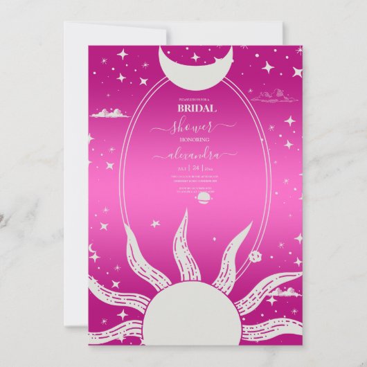 Mystical Pink en Silver Sun Moon Uitnodiging (Voorkant)