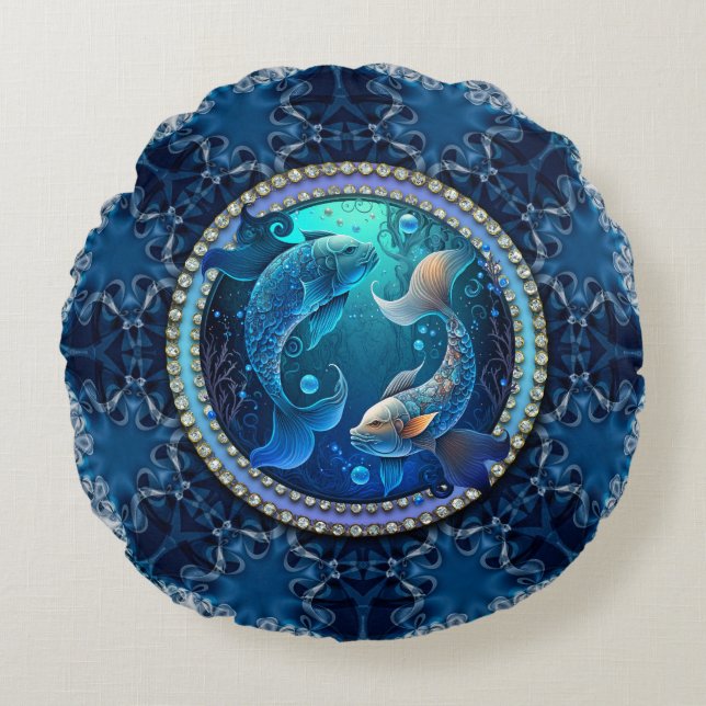 Mystical Pisces Dreams Fractal Lace New Moon Rond Kussen (Voorkant)