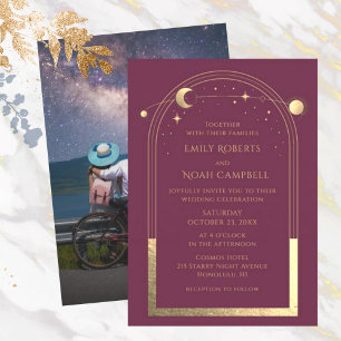 Mystical Plum Gold Sun Moon Stars Photo Wedding Kaart