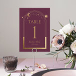 Mystical PlumGold Sun Moon Astronomy Weddenschap Kaart<br><div class="desc">Mystical Plum Gold Sun Moon Astronomy Wedding Table Numbers zijn voorzien van gouden zon, maan en sterren met een gouden lijst op een platte achtergrond. Inside is je uitnodiging voor een aangepast huwelijk. Personaliseer door de tekst in de tekstvakjes uit te geven. NOTA: Gelieve te passen met lijstaantallen één voor...</div>