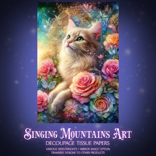 Mystical Rose Garden Cat Decoupage  Tissuepapier