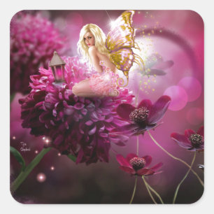 Mystical Roze Fantasy Fairy Flower Garden Art Vierkante Sticker