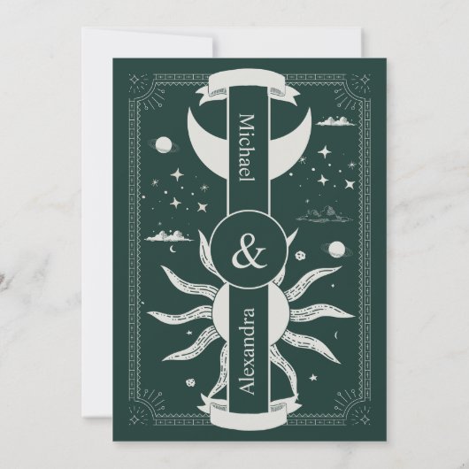 Mystical Silver en Green Sun Moon Bridal Kaart (Achterkant)
